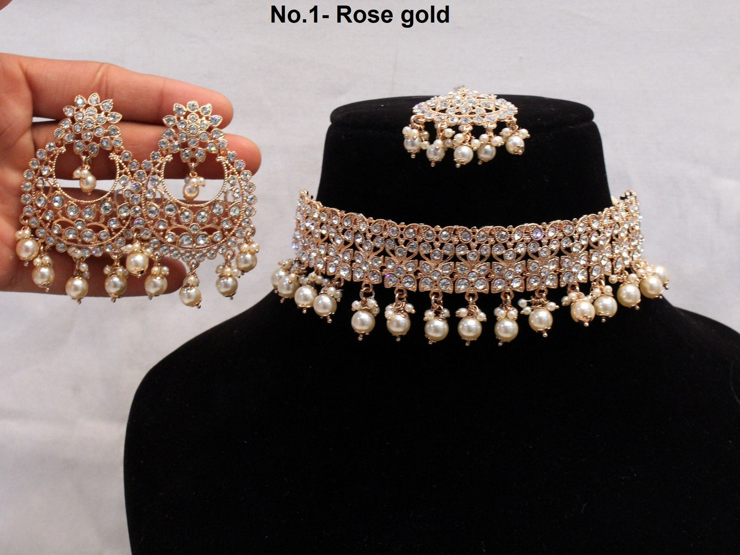 Choker Set Necklace Set/ Rose gold, Silver, Gold white Bollywood choker vinland Jewellery