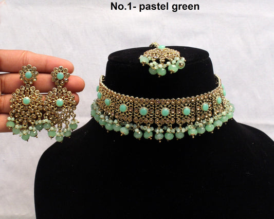 Choker Set Gold Necklace Set/ Bollywood Jewellery/pastel green Indian choker necklace set/rose gold Bridesmaid Jewellery/Women Necklace set