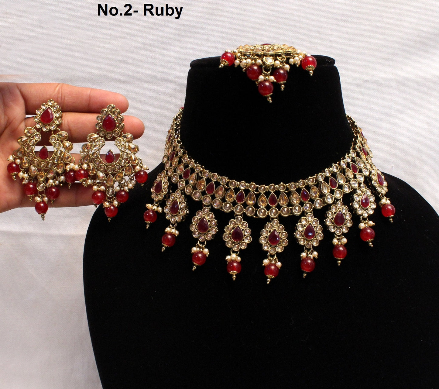 Indian  Jewellery/dark gold/Ruby/pastel green/Bridal Kundan necklace hero Set