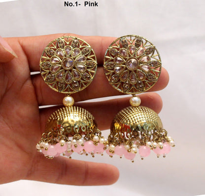 Indian Jhumka Earrings Jewellery/Punjabi Gold Bollywood Wedding Indian Jewelry Bridal Pink, peach , blue, red ,mehroon, Jhumka Jhumki Earrings