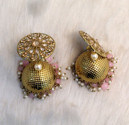 Indian Jhumka Earrings Jewellery/Punjabi Gold Bollywood Wedding Indian Jewelry Bridal Pink, peach , blue, red ,mehroon, Jhumka Jhumki Earrings