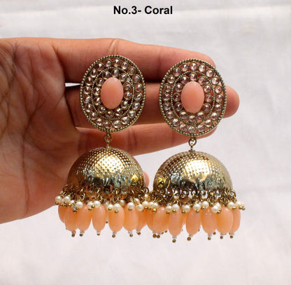 Indian Jhumka Earrings Jewellery/Punjabi Gold Bollywood Wedding Indian Jewelry Bridal mahroon, grey, gajri, pink, green Jhumka Earrings