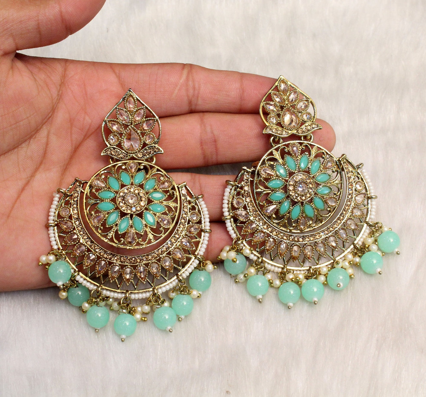 Indian Jewellery/Gold Indian Earrings Tikka Set/Indian dark gold ,Green, pink chand balli  Earrings Set Jewellery/Wedding Bridal Jewellery Set