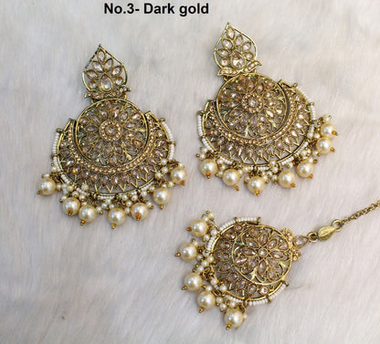 Indian Jewellery/Gold Indian Earrings Tikka Set/Indian dark gold ,Green, pink chand balli  Earrings Set Jewellery/Wedding Bridal Jewellery Set