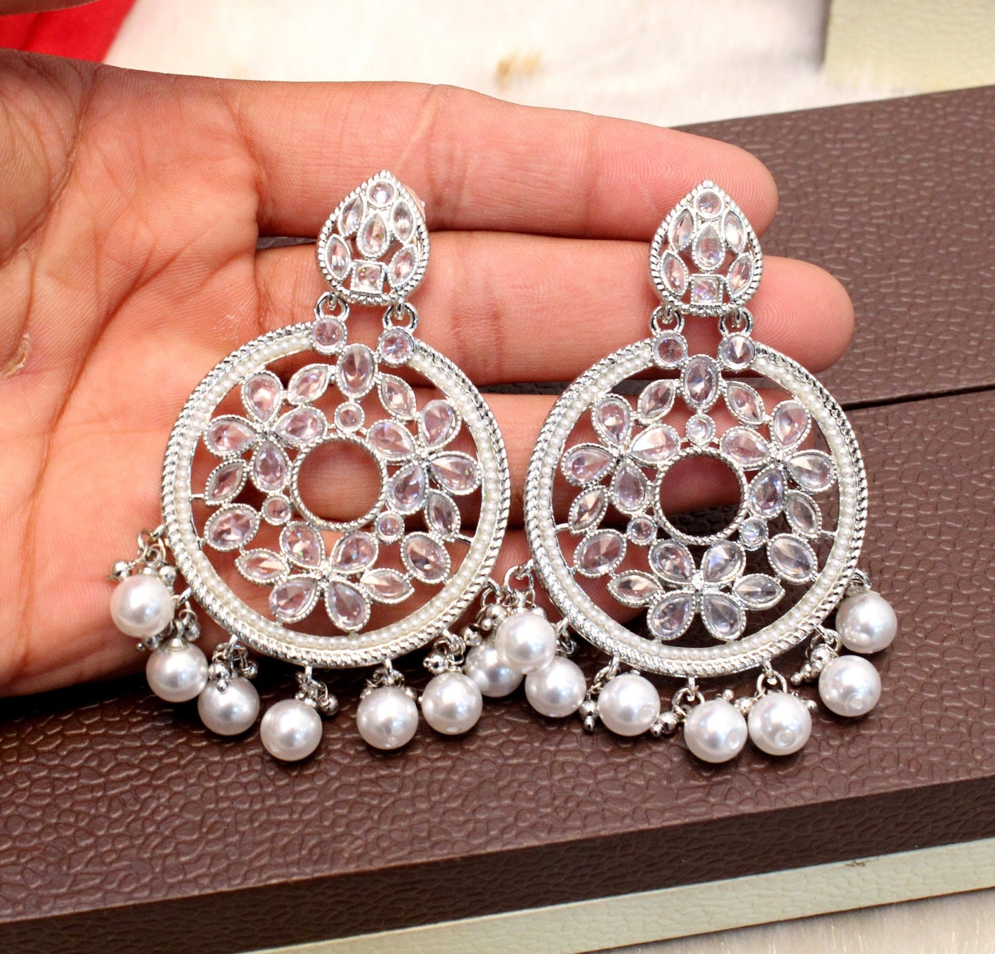 Indian Jewellery/Silver Indian Chand Balli Round Earrings tikka set/Indian Crystal silver Bridal Earrings Set Jewellery/ Bollywood Jewellery