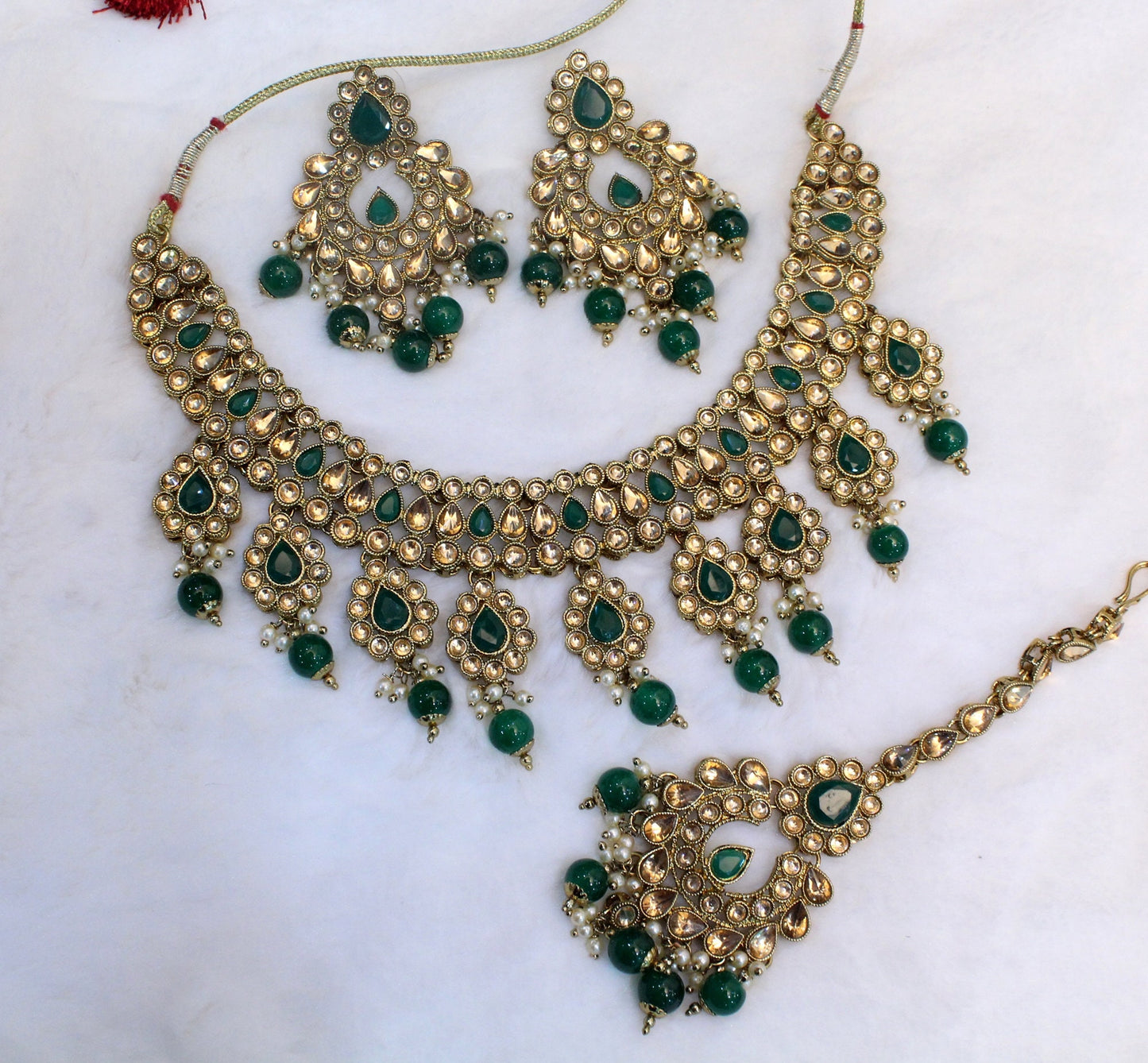 Indian  Jewellery/dark gold/Ruby/pastel green/Bridal Kundan necklace hero Set