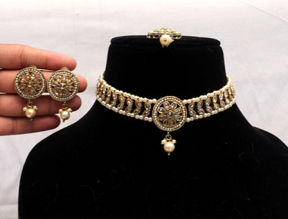 Indian Jewellery Kundan Choker Set/Antique Gold Necklace Studs Earrings Set/Gold Indian Bollywood Necklace Set Jewellery/Indian Necklace Set