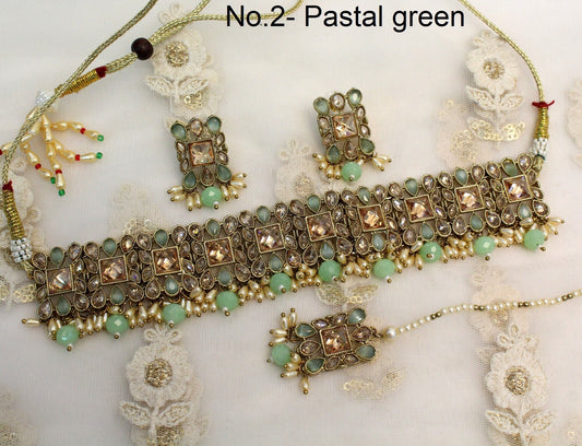 Indian  Jewellery choker Tikka Set/Gold firoji, pastel green Bollywood choker Set/Indian choker Mehndi Polish necklace set