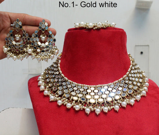 Indian  Jewellery Gold mirror Kundan Necklace Set/ Bridal Bollywood Wedding Jewellery denish Set