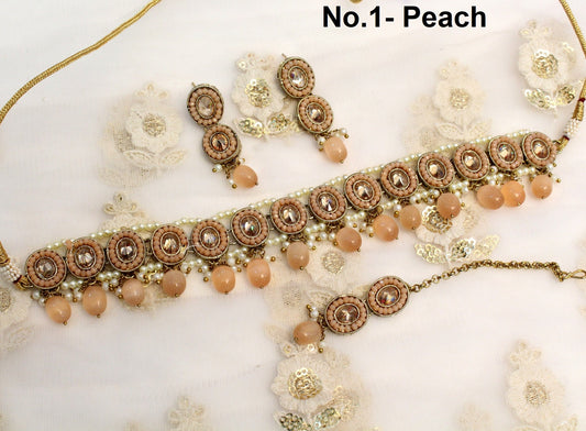 Indian  Jewellery choker Tikka Set/Dark gold, Peach, multicolor Bollywood choker Set/Indian choker Mehndi Polish necklace set