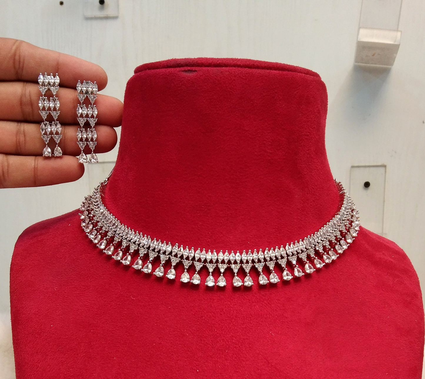 Cubic Zirconia Diamond necklace Earrings set, silver Bridal necklace earrings jewellery statement necklace set CZ necklace set