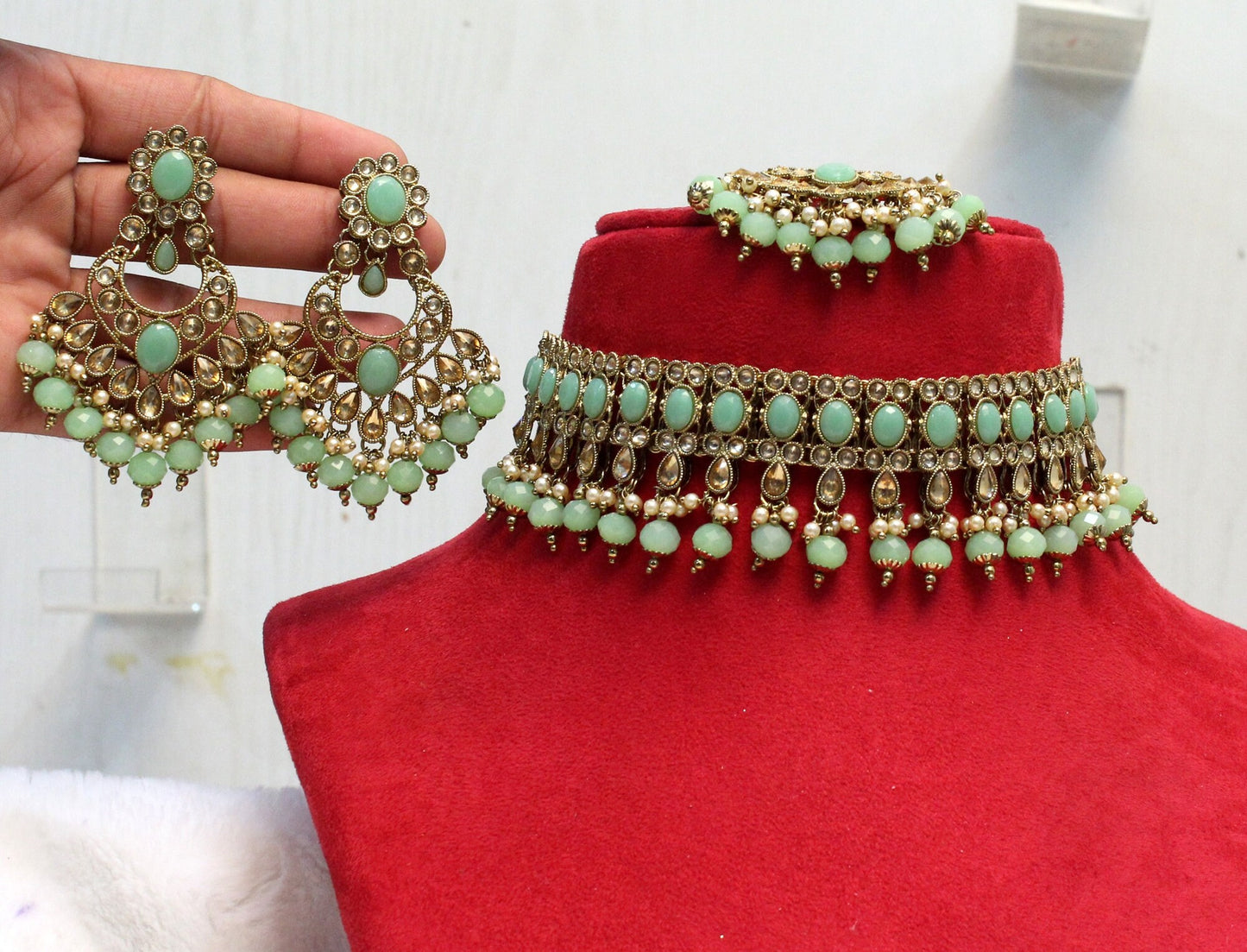 Indian Jewellery ,Kundan Choker Set/ Gold white, Pastel green choker set/ Wedding Bollywood Bridal kundan choker Set