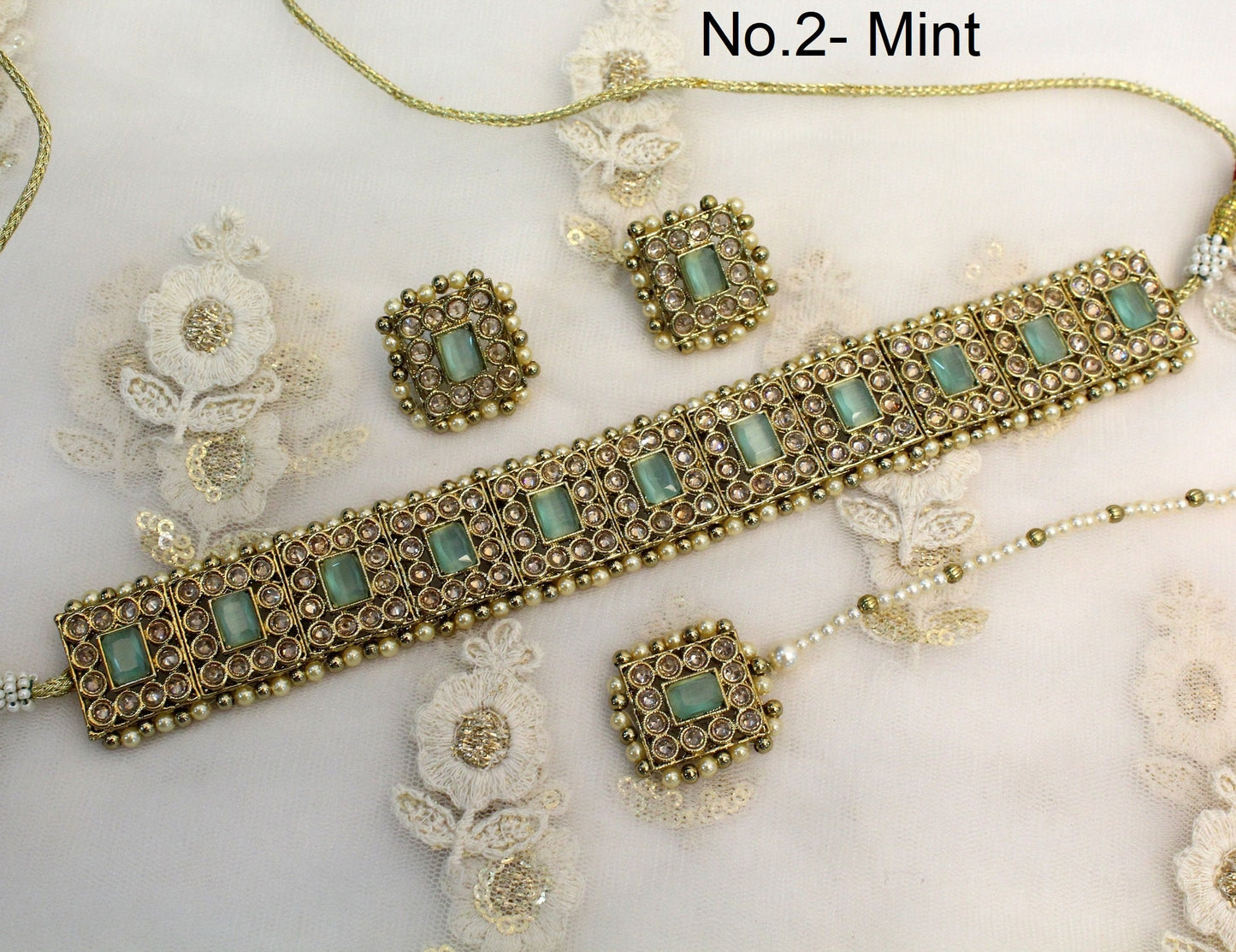 Indian  Jewellery choker Set/Gold ,mint, pink, multicolor Bollywood choker Set/Indian choker Mehndi Polish necklace