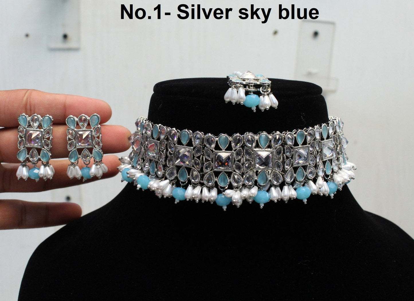 Silver Choker Necklace Set/ silver sky blue, Bollywood choker Set/Indian choker necklace set/Silver Jewellry/Zedd Women Necklace