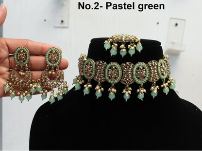 Indian  Jewellery choker Tikka Set/Dark gold, Pastel green Bollywood choker Set/Indian choker Mehndi Polish necklace set