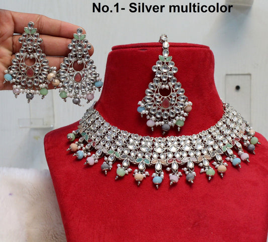 Indian Jewellery/silver multicolor Bridal Kundan necklace Set/Bollywood Gold Indian Jewellery Necklace Set