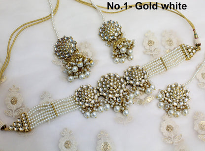 kundan Choker Set Necklace Earrings Set/Gold white green choker set Indian Jewellery Necklace Set/Indian Choker Set