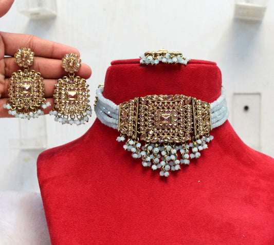 Indian Jewellery  Choker Necklace Set/Maroon , Mint choker Bridal Wedding Punjabi Ethnic Bollywood Antique Jewellery Set