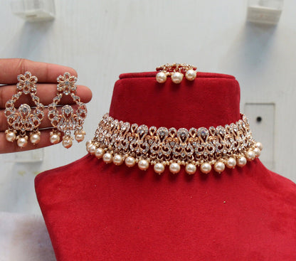 Choker Set/ Rose gold, silver choker Bollywood Jewellery/Indian choker necklace set/Bridesmaid Jewellery/Gift for her