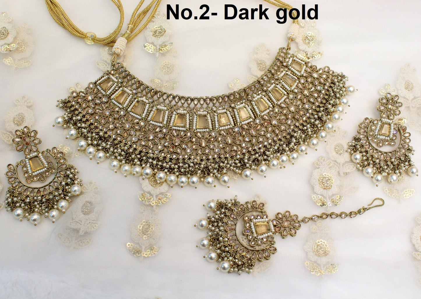 Indian  Jewellery/Dark gold Semi Bridal Crystal necklace Set/Bollywood Gold Indian Jewellery Necklace Set