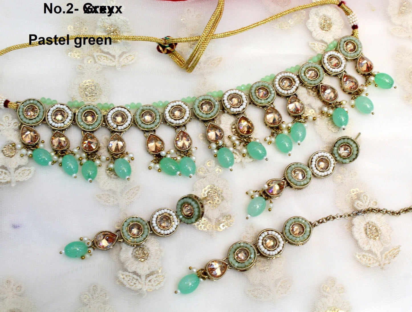 Indian  Jewellery choker Tikka Set/dark gold ,pastel green, Grey Bollywood choker Set/Indian choker Mehndi Polish necklace set