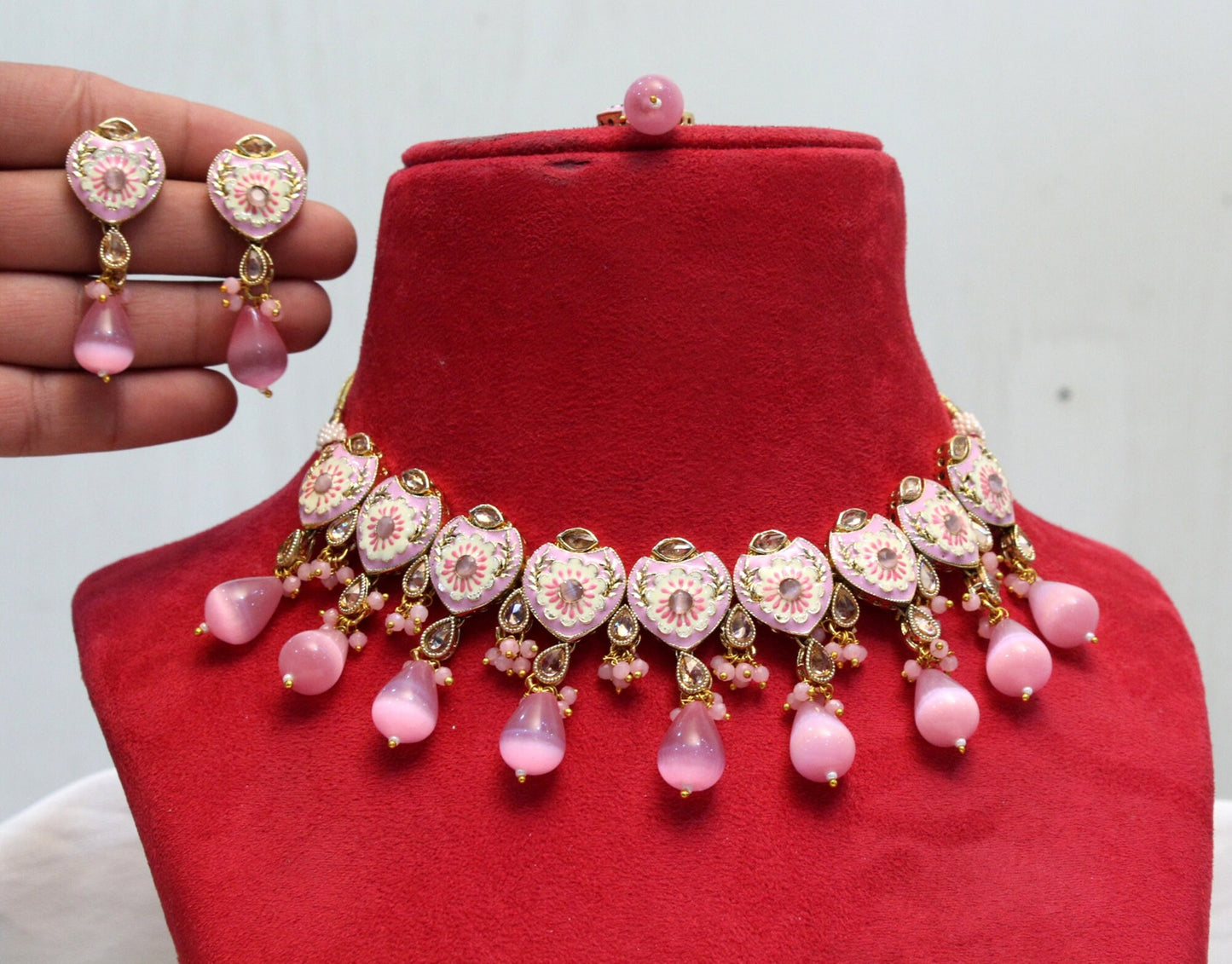 Indian  Jewellery Kundan Necklace Set/Gold Pink, Light orange Bollywood Wedding Necklace Jewellery Set