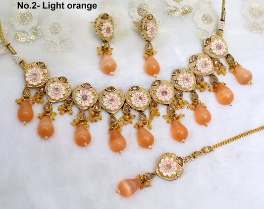 Indian  Jewellery Kundan Necklace Set/Gold Pink, Light orange Bollywood Wedding Necklace Jewellery Set