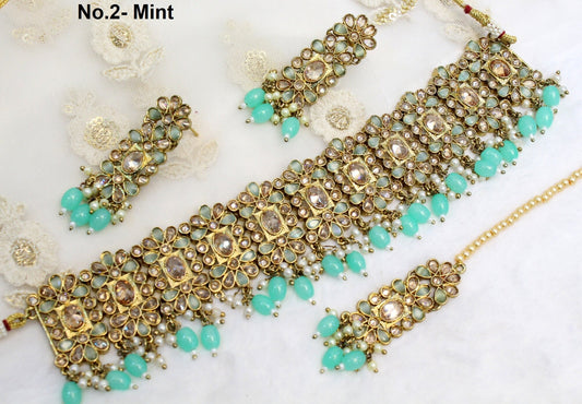 Indian  Jewellery/Dark gold Mint, Pink choker Set/Bollywood Gold Indian  Jewellery Set /Bridesmaid sets