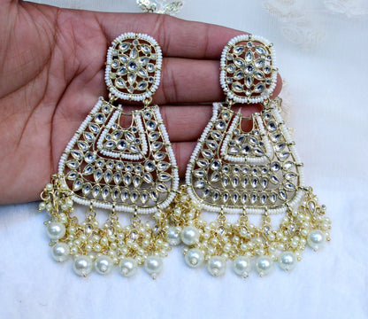 Indian Jewellery/Indian Long Earrings/Indian long pearl Bridal Earrings Set Jewellery/ Bollywood Jewelry/brides maid meena reading jewellery