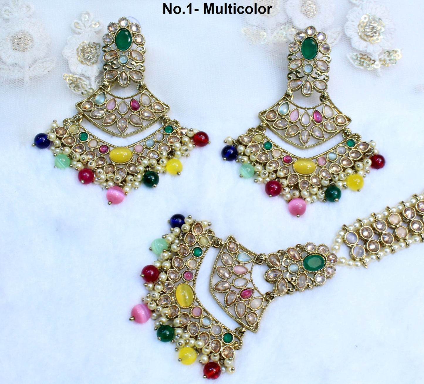 Indian Jewellery/Chandbali Indian Earrings/Indian Antique gold  Bridal Earrings Tikka Set Jewellery/ Bollywood Jewellery/ Earrings Tikka