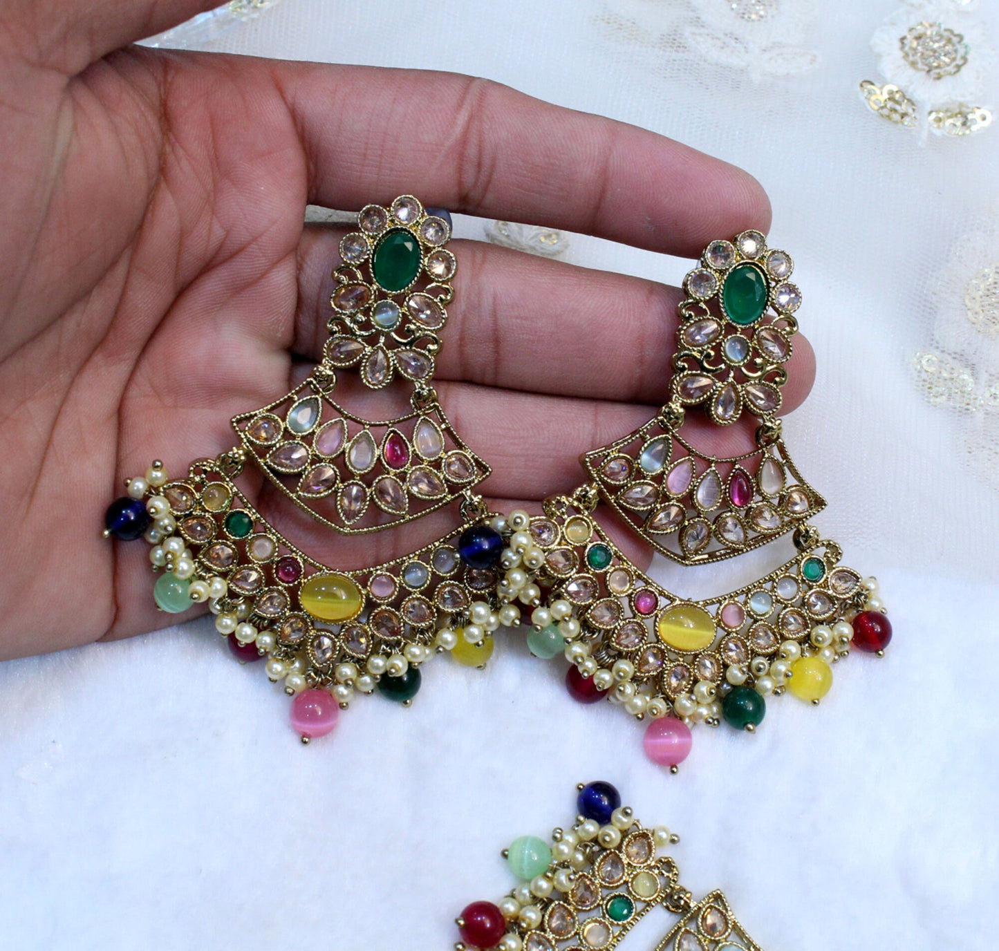 Indian Jewellery/Chandbali Indian Earrings/Indian Antique gold  Bridal Earrings Tikka Set Jewellery/ Bollywood Jewellery/ Earrings Tikka