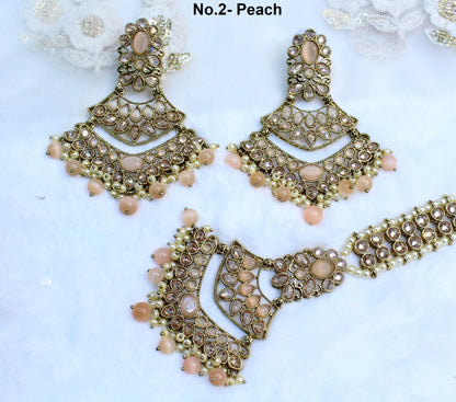 Indian Jewellery/Chandbali Indian Earrings/Indian Antique gold  Bridal Earrings Tikka Set Jewellery/ Bollywood Jewellery/ Earrings Tikka