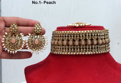 Indian  Jewellery Kundan choker set Necklace Set/Bollywood dark gold, peach, green, maroon choker  Necklace Jewellery Set