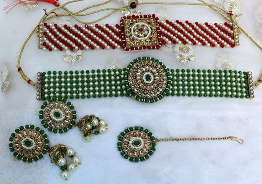 Indian  Jewellery Kundan choker set Necklace Set/Bollywood green, maroon choker  Necklace Jewellery Set