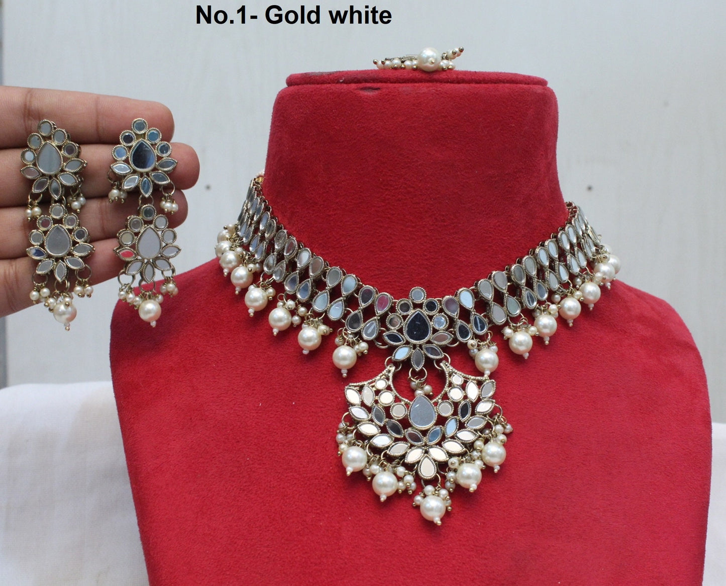 Indischer Schmuck Schmuckspiegel Kundan Halskette Set Braut Hochzeit Bollywood Stil Gold Finish Choker Set/ Gold Choker Set