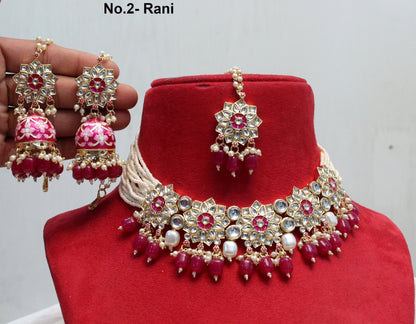 Indian Jewellery/Kundan Necklace Set /Bollywood Choker Style Gold Maroon Peach Green Necklace Set Wedding Bridal Ethnic Jewellery Set