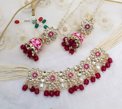 Indian Jewellery/Kundan Necklace Set /Bollywood Choker Style Gold Maroon Peach Green Necklace Set Wedding Bridal Ethnic Jewellery Set