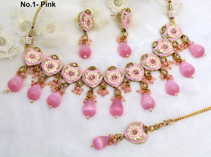 Indian  Jewellery Kundan Necklace Set/Gold Pink, Light orange Bollywood Wedding Necklace Jewellery Set