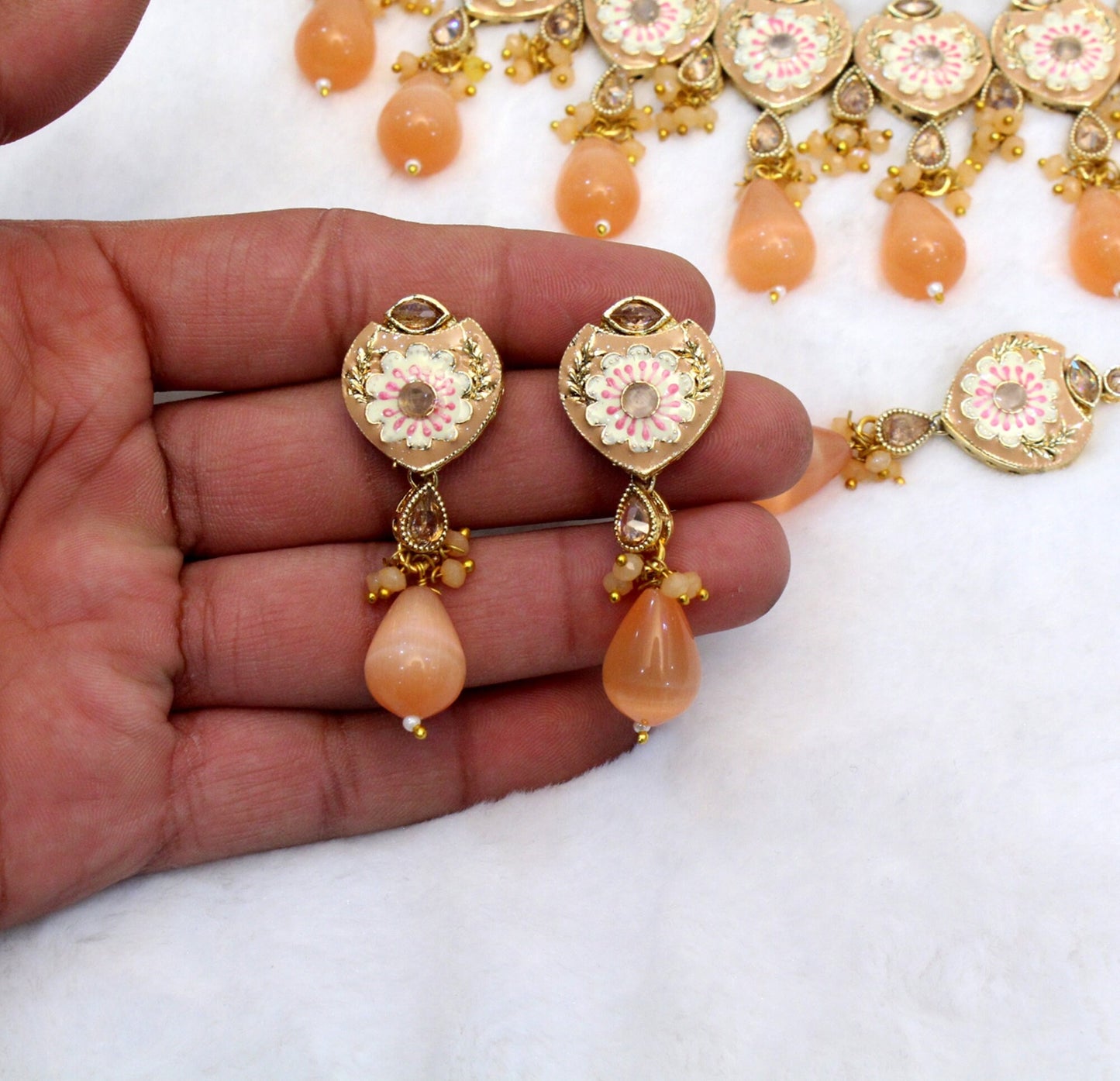 Indian  Jewellery Kundan Necklace Set/Gold Pink, Light orange Bollywood Wedding Necklace Jewellery Set