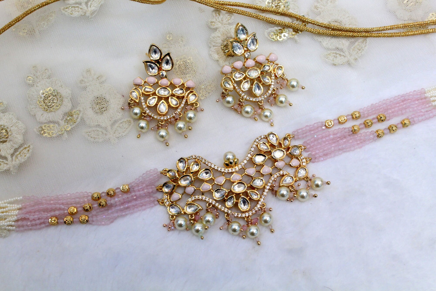 kundan Choker Set Necklace Earrings Set/Gold pink choker set Indian Jewellery Necklace Set/Indian Choker Set