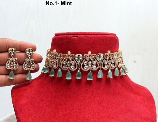 kundan Choker Set Necklace Earrings Set/Gold Mint choker set Indian Jewellery Necklace Set/Indian Choker Set