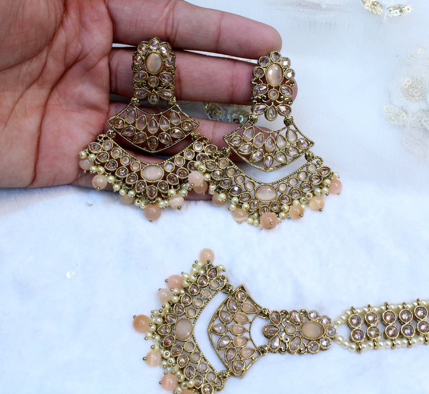 Indian Jewellery/Chandbali Indian Earrings/Indian Antique gold  Bridal Earrings Tikka Set Jewellery/ Bollywood Jewellery/ Earrings Tikka