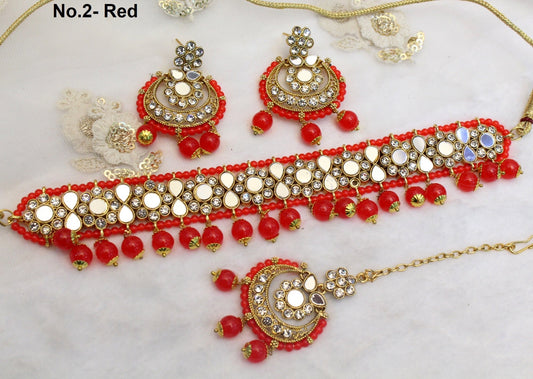 Indian  Jewellery mirror Kundan Choker Bridal Wedding Bollywood Style Gold Finish choker Set/ Red, grey, firoji Choker set