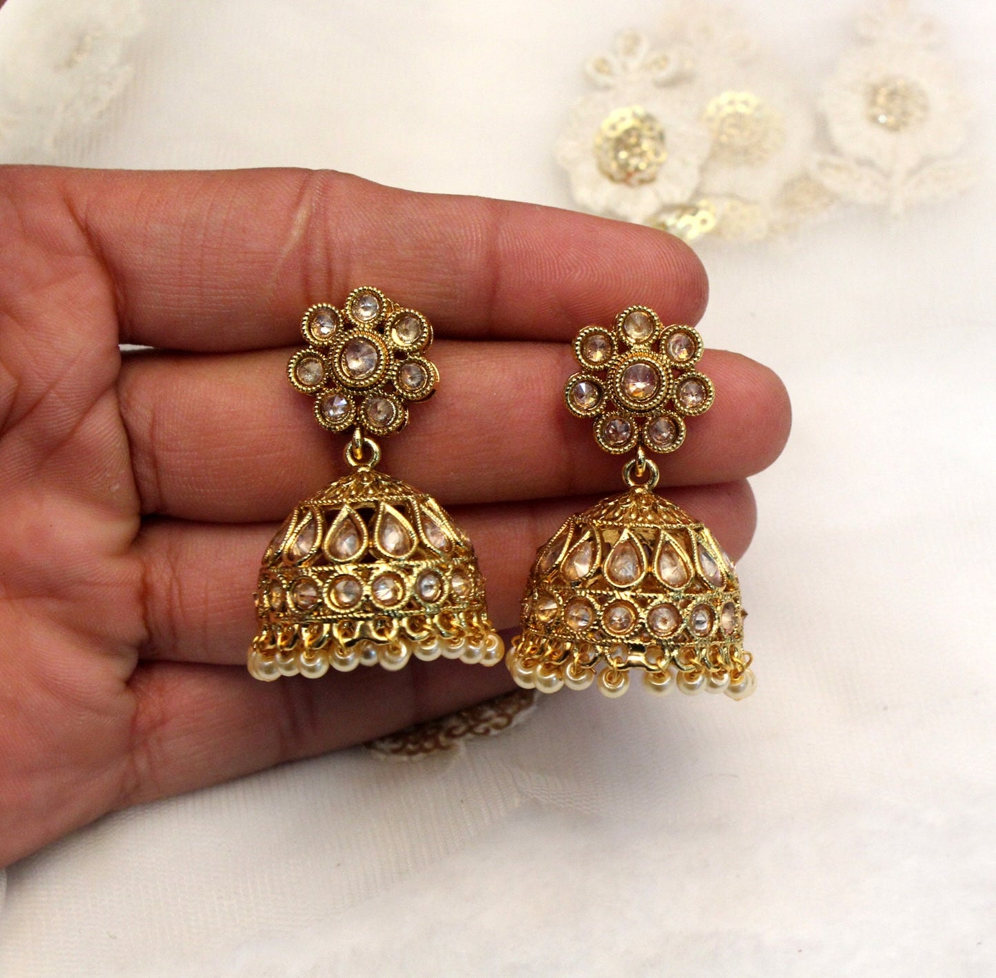 Jhumka Indian Earrings Indian Gold Green,Ruby Green, Earrings Jewelry/Indian Pearl Jhumka Set/Punjabi Indian Jewellery/Muslim Jhumki Set
