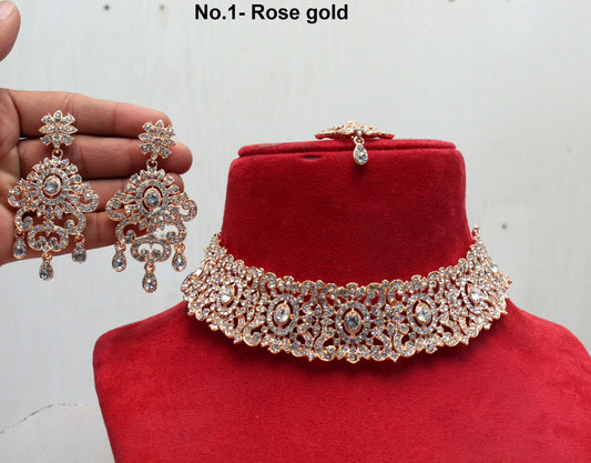 Choker set /Gold choker Carret White Necklace Set/ Bollywood Necklace Set/Indian Rose gold choker set/Gold Bridesmaid Jewellery/Women Necklace