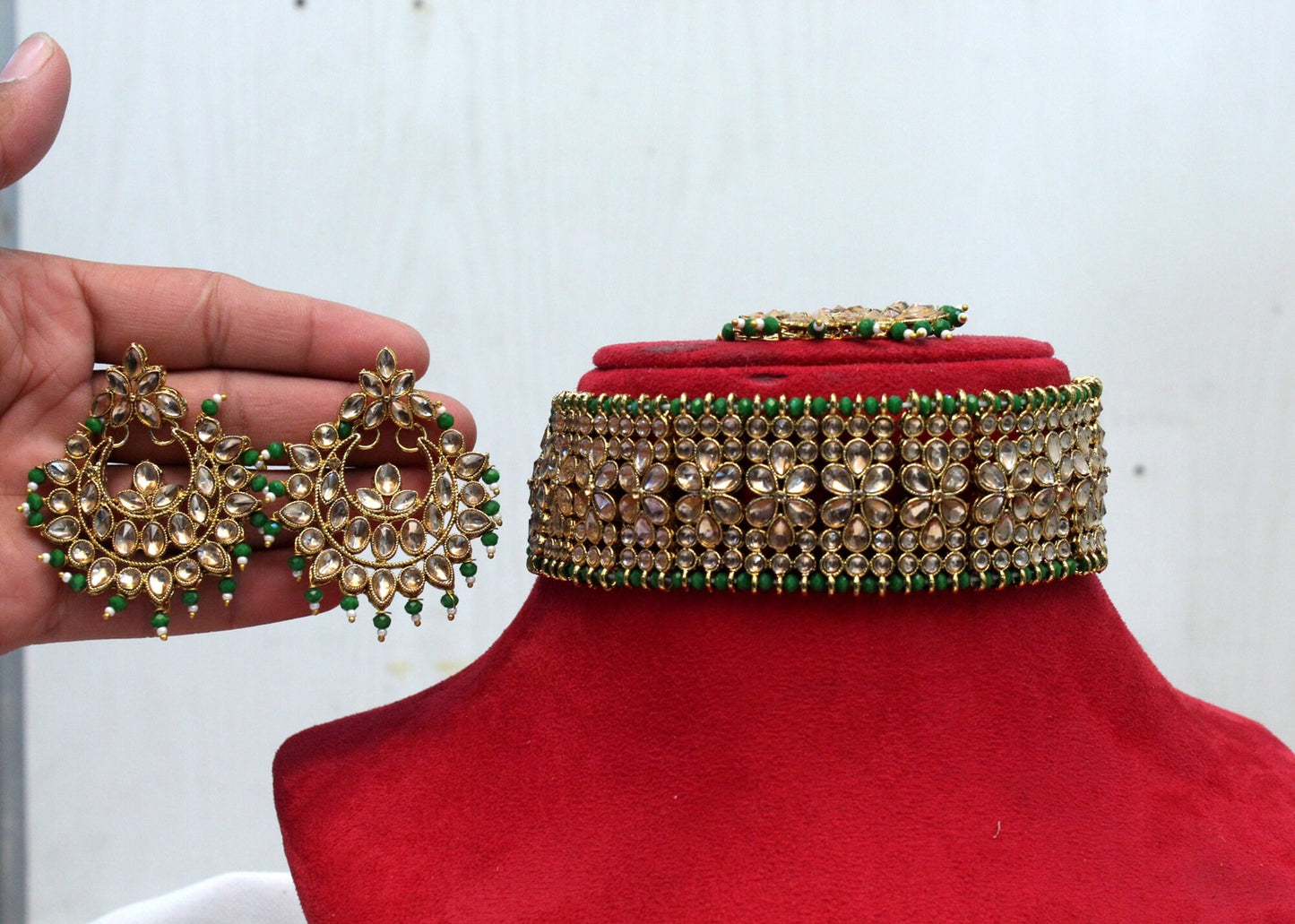 Indian  Jewellery Kundan choker set Necklace Set/Bollywood dark gold, peach, green, maroon choker  Necklace Jewellery Set