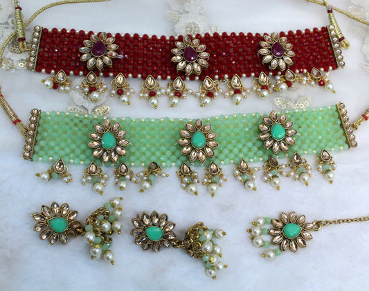 Indian Jewellery Kundan choker set Necklace Set/Bollywood dark gold, pastel green, gajjri, maroon choker  Necklace Jewellery Set