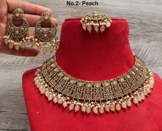 Indian Jewellery Gold Bollywood Necklace Set/ Dark gold, Green, Maroon Jewelry/Wedding Crystal Semi Bridal Ethnic Set/Indian Necklace Set