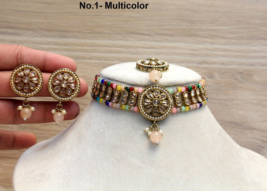 Indian Jewellery Choker Set/Antique Gold silver choker Studs Earrings Set/Gold Indian Bollywood Necklace rita Set