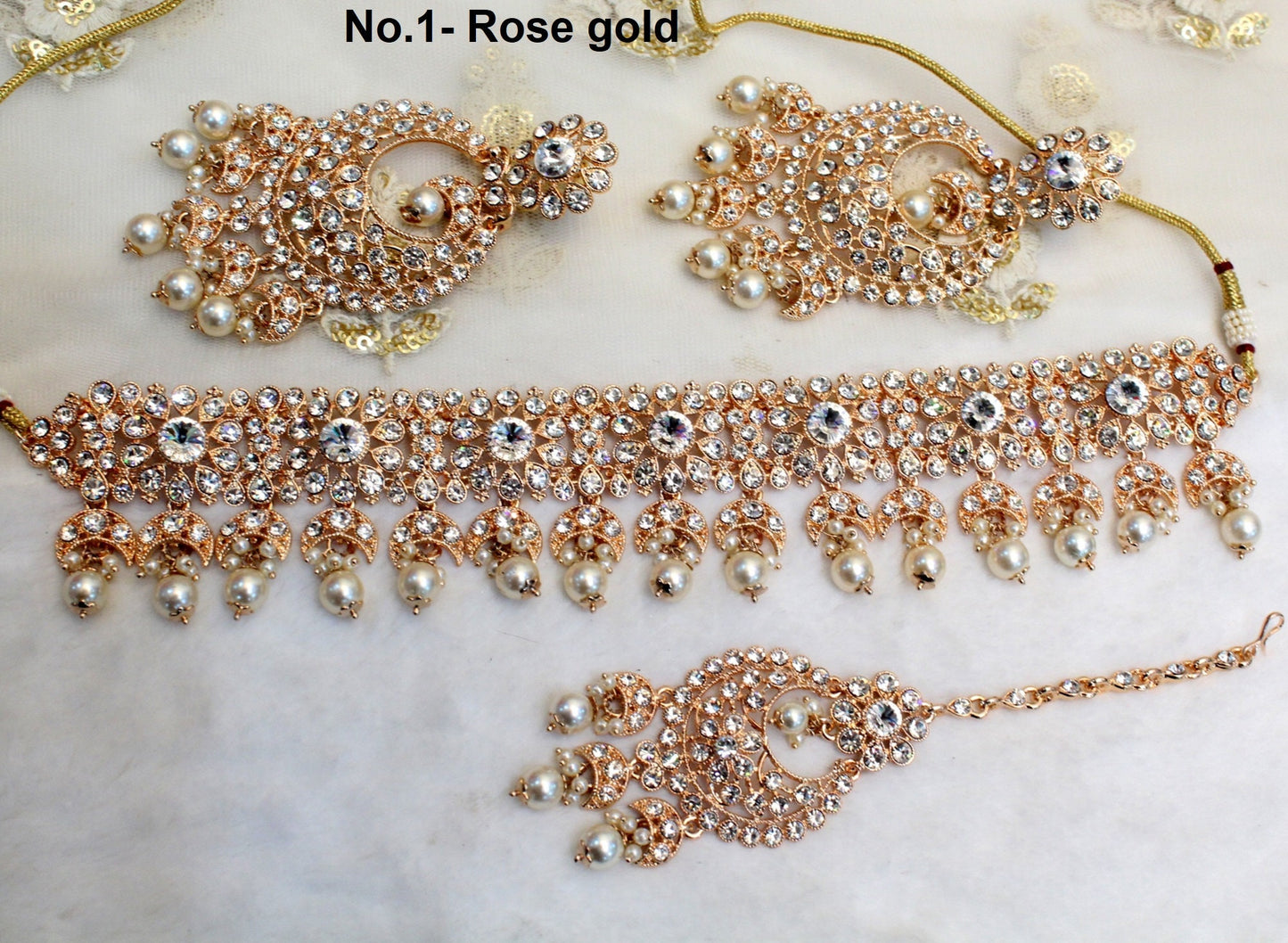 Indischer Schmuck, Rosegold Choker Halskette Tikka Set/Bollywood Halskette Set/Indisches Choker Rosegold Polnisches Halsketten Set
